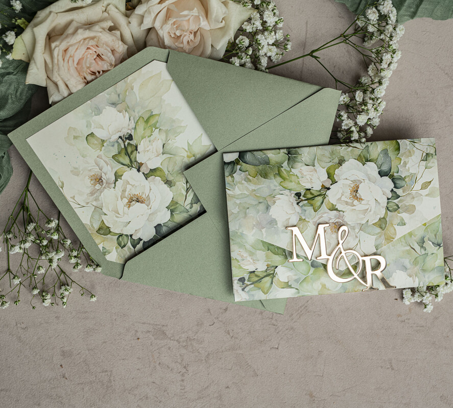 Zaproszenia ślubne Złote Glamour Eleganckie złote zaproszenia ślubne z lustrzanym monogramem, Kopertowe zielone zaproszenie na ślub, zaproszenia ślubne składane kwiatowe zaproszenia na ślub6