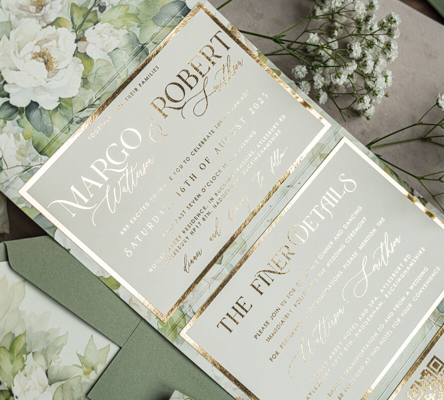 Zaproszenia ślubne Złote Glamour Eleganckie złote zaproszenia ślubne z lustrzanym monogramem, Kopertowe zielone zaproszenie na ślub, zaproszenia ślubne składane kwiatowe zaproszenia na ślub8