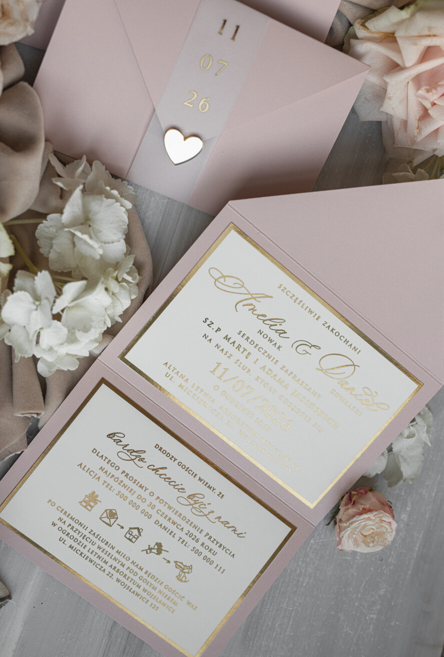 Zaproszenia ślubne Złote Glamour eleganckie złote zaproszenia ślubne, delikatne zaproszenie na ślub, zaproszenie ślubne w stylu glamour, złote litery na zaproszeniach ślubnych, zaproszenia ślubne składane w kopertę 11