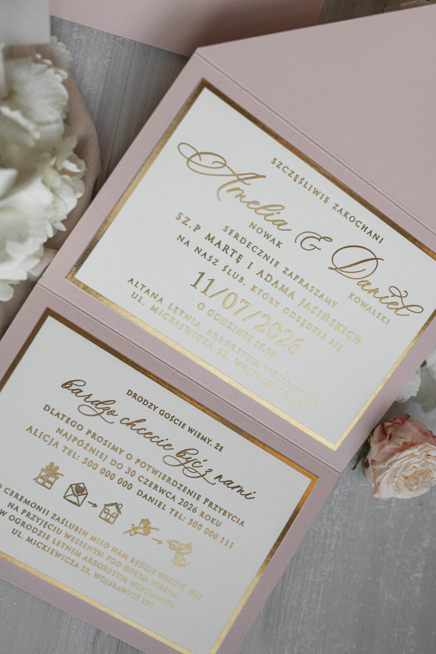 Zaproszenia ślubne Złote Glamour eleganckie złote zaproszenia ślubne, delikatne zaproszenie na ślub, zaproszenie ślubne w stylu glamour, złote litery na zaproszeniach ślubnych, zaproszenia ślubne składane w kopertę 7