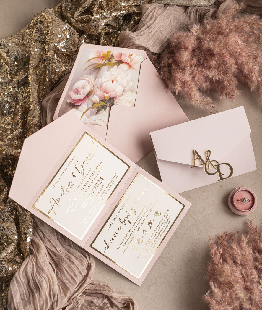 Zaproszenia ślubne Złote Glamour Poziome srebrne zaproszenia ślubne z lustrzanym monogramem, Kopertowe rozowe zaproszenie na ślub złocone, zaproszenia na slub cywilny pudrowy róż i peonie10