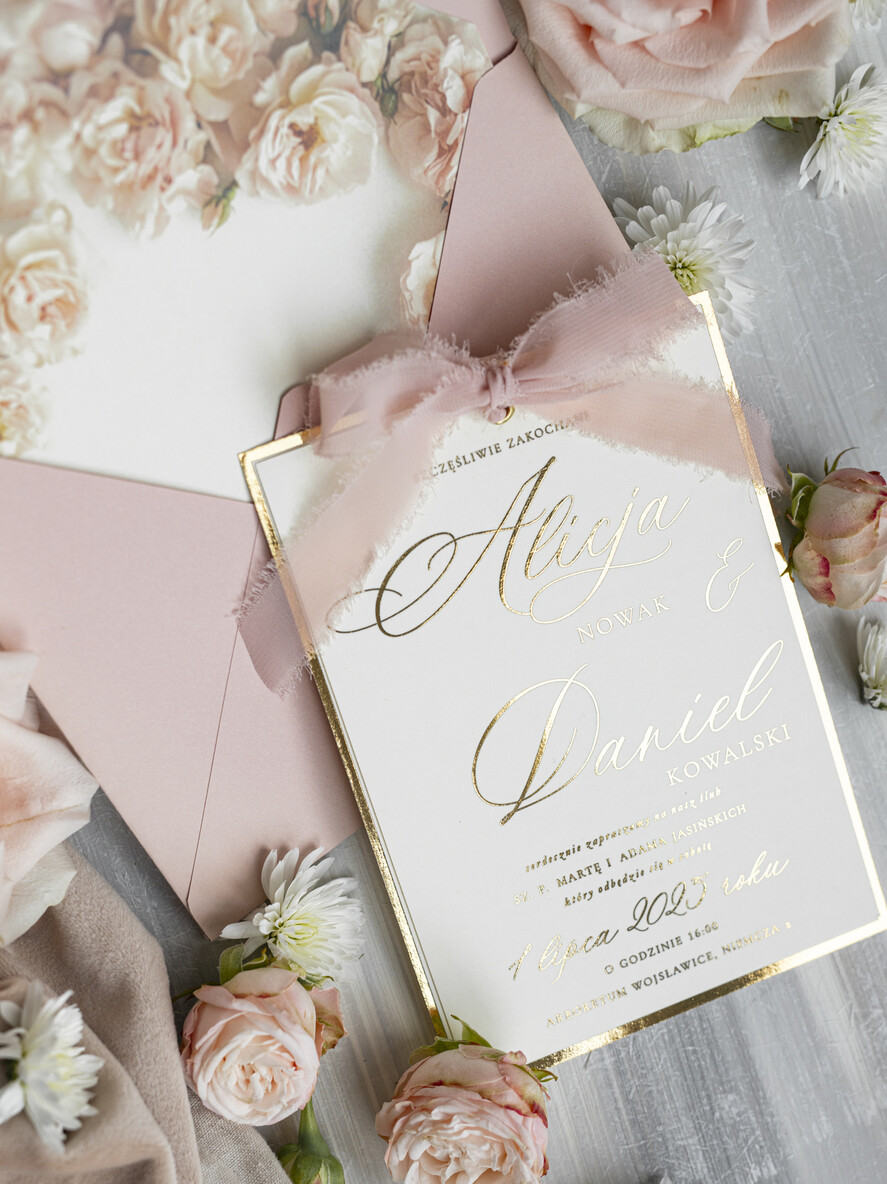 Zaproszenia ślubne Złote Glamour różowe zaproszenia na ślub, nowoczesne zaproszenia w kolorze różowym, zaproszenia ślubne ze złotymi literami, eleganckie zaproszenia ślubne ze wstążką 6