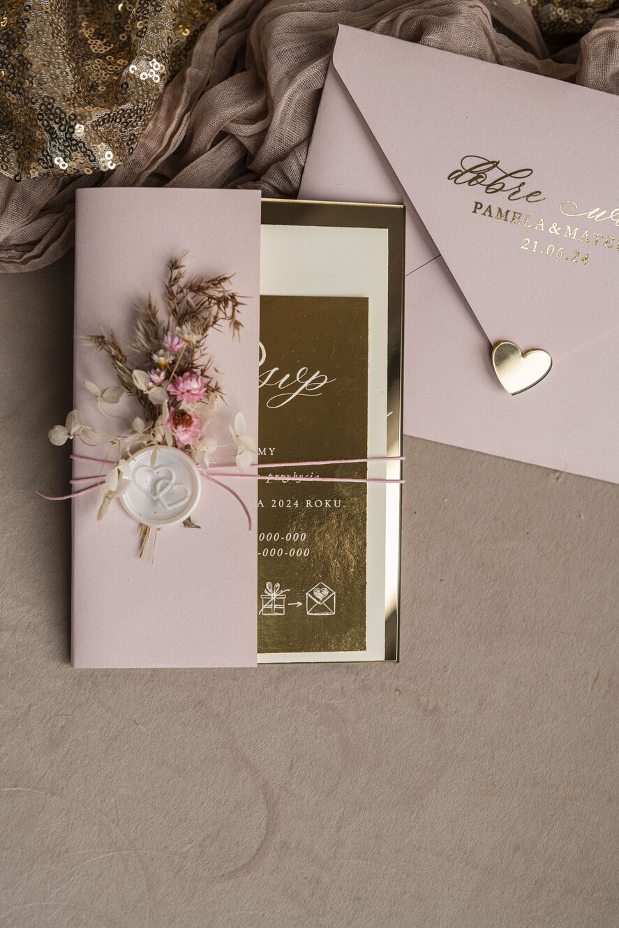 Zaproszenia ślubne Złote Glamour zaproszenie ślubne na lustrze, złote zaproszenia ślubne z lakiem i bukiecikiem kwiatów, różowe zaproszenie na ślub złocone, zaproszenia na slub cywilny pudrowy róż  12