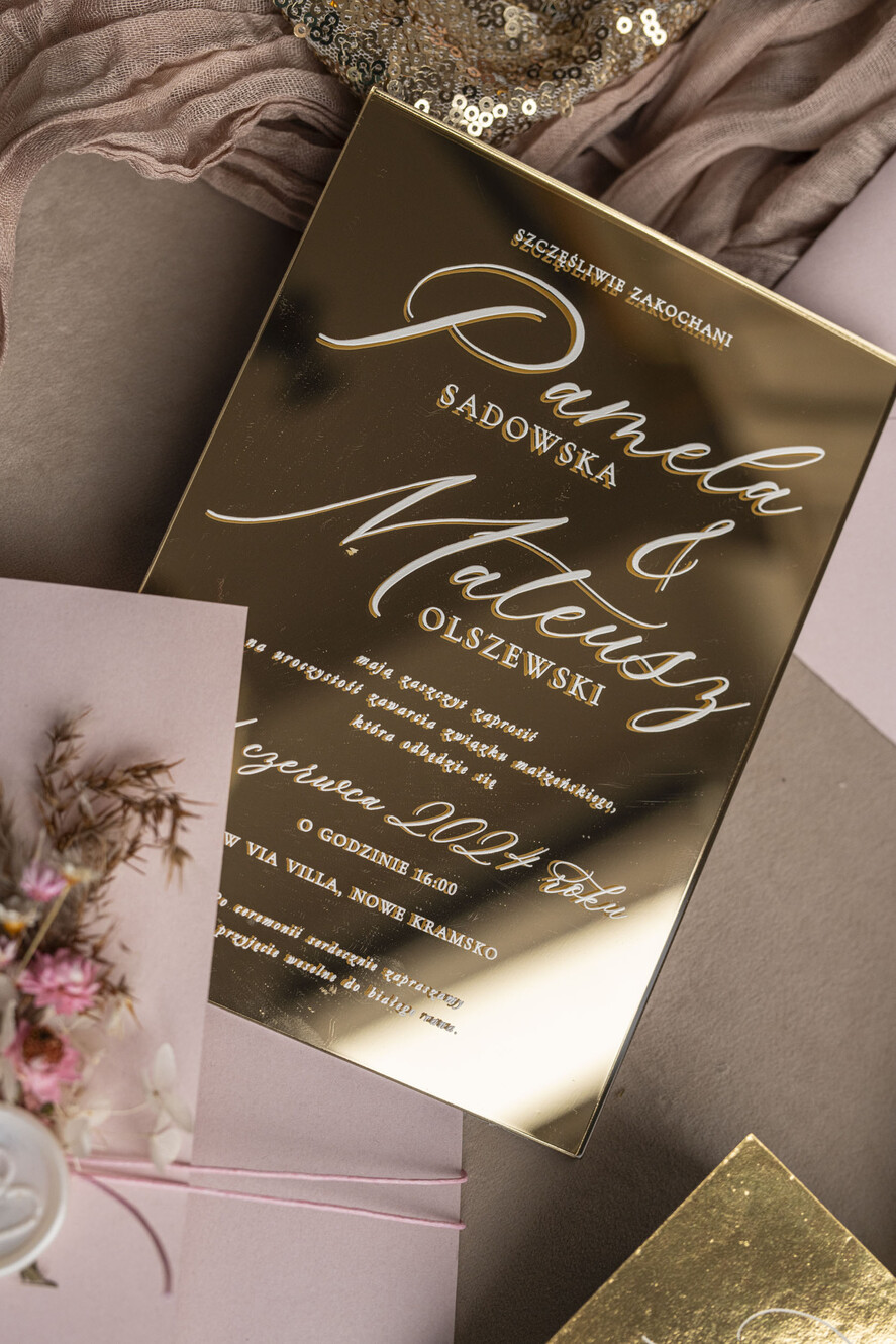 Zaproszenia ślubne Złote Glamour zaproszenie ślubne na lustrze, złote zaproszenia ślubne z lakiem i bukiecikiem kwiatów, różowe zaproszenie na ślub złocone, zaproszenia na slub cywilny pudrowy róż  2