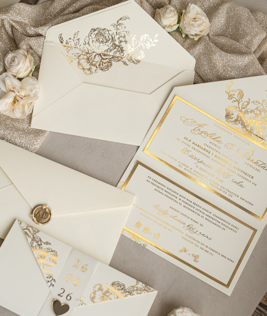 Zaproszenia ślubne Złote Glamour złote zaproszenia ślubne zamykane w kopertę, Kopertowe zaproszenie na ślub w złocie, zaproszenia na ślub w stylu glamour, złote napisy na zaproszeniach ślubnych8