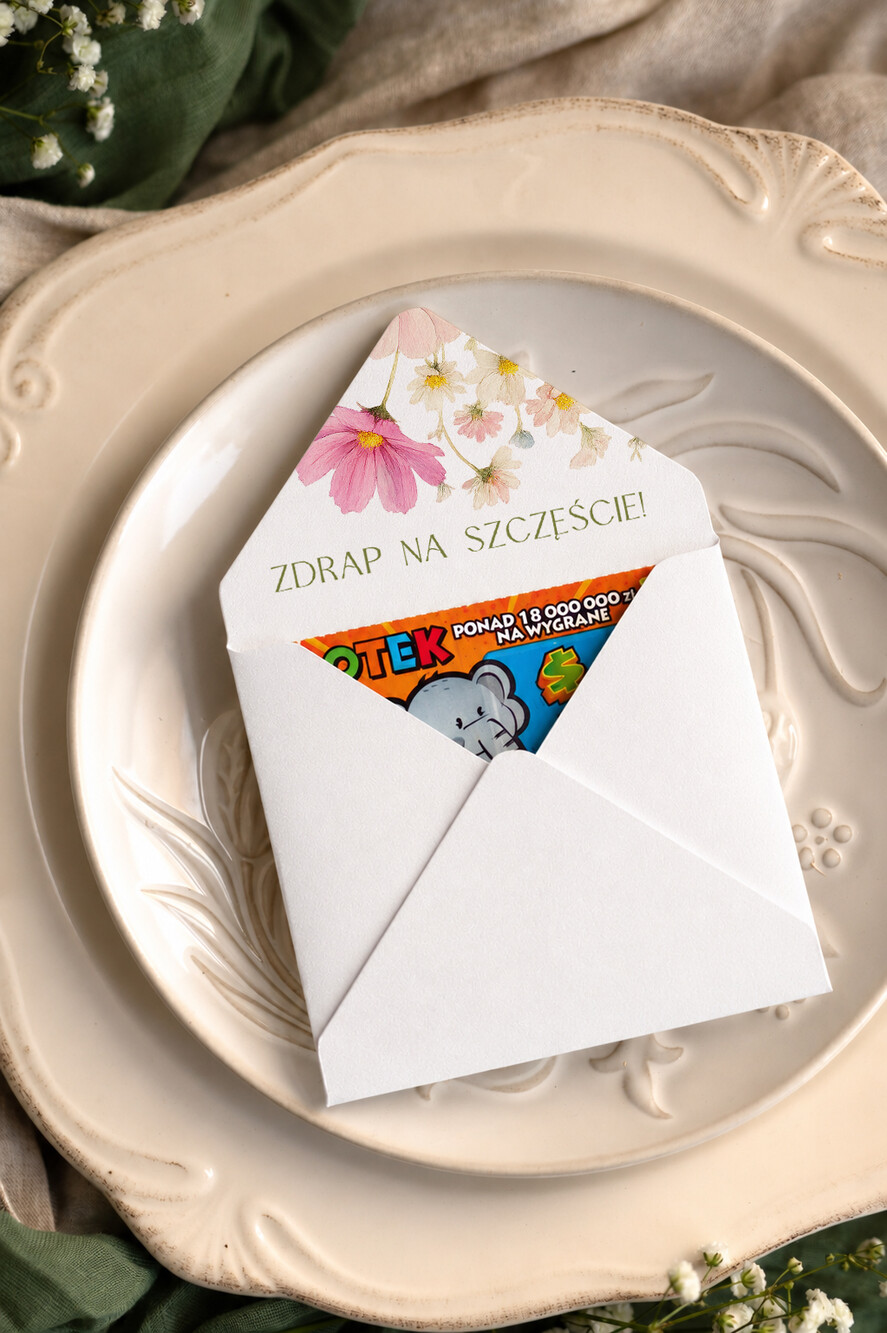 Podziękowania dla Gości Weselnych Magnesy breloki Zdrapki kolorowa koperta z personalizacją na zdrapki kupony lotto1