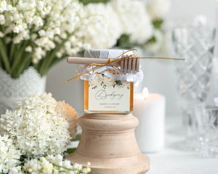 Podziękowania dla Gości Weselnych Miody i słoiczki Nutella unikatowe podziękowania dla gości, słoiczek z miodem i łyżeczką do miodu, prezenty dla gości weselnych 0