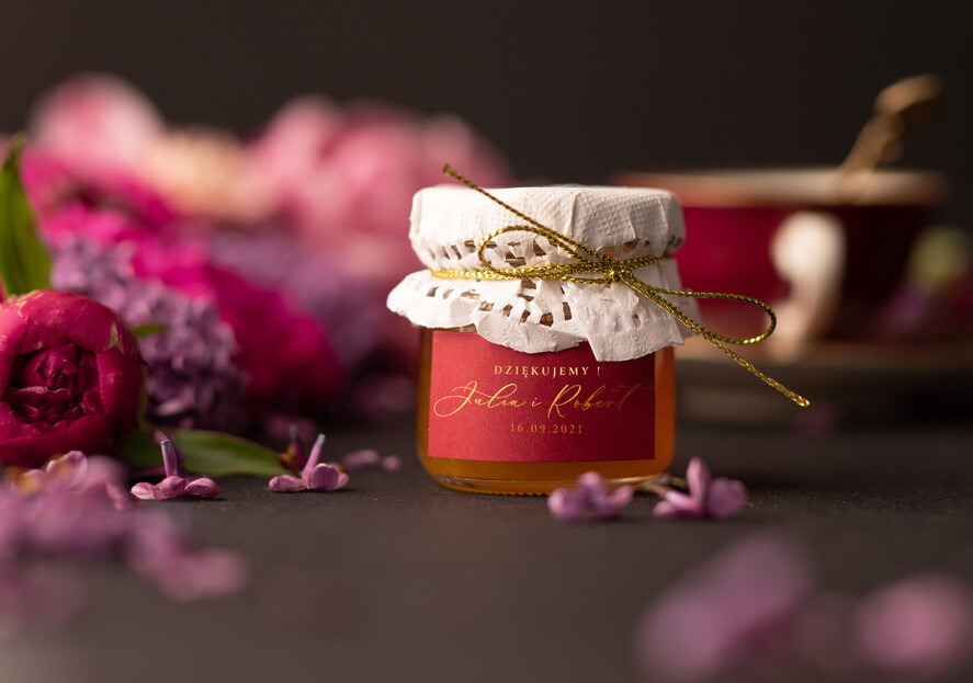 Podziękowania dla Gości Weselnych Miody i słoiczki Nutella upominki ślubne od pary młodej dla gości weselnych, miód w słoiczku1