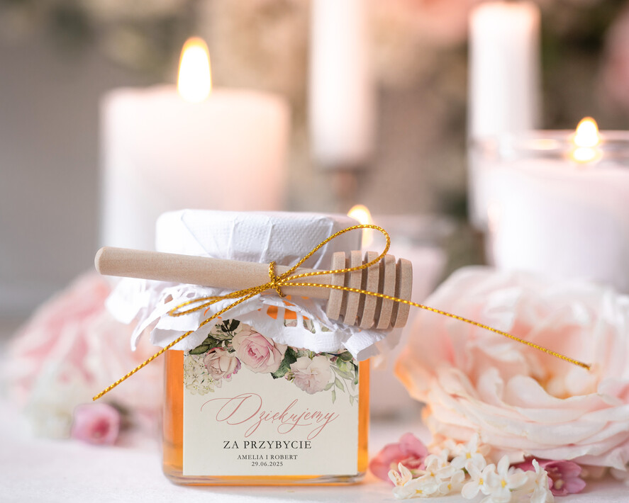 Podziękowania dla Gości Weselnych Miody i słoiczki Nutella piękne podziękowania, słoiczek na miód z łyżeczką, prezenciki dla gości weselnych, upominki dla gości 0