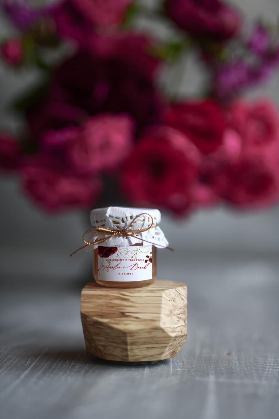 Podziękowania dla Gości Weselnych Miody i słoiczki Nutella eleganckie podziękowania dla gości na ślubie, personalizowane małe słoiczki0