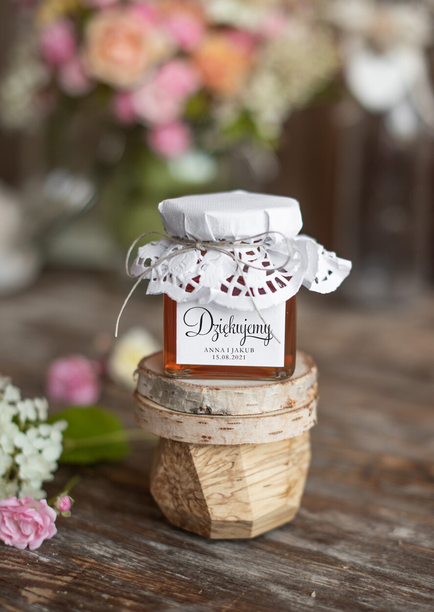 Podziękowania dla Gości Weselnych Miody i słoiczki Nutella podziękowania prezenciki dla gości weselnych miodek w ozdobnym słoiczku 2