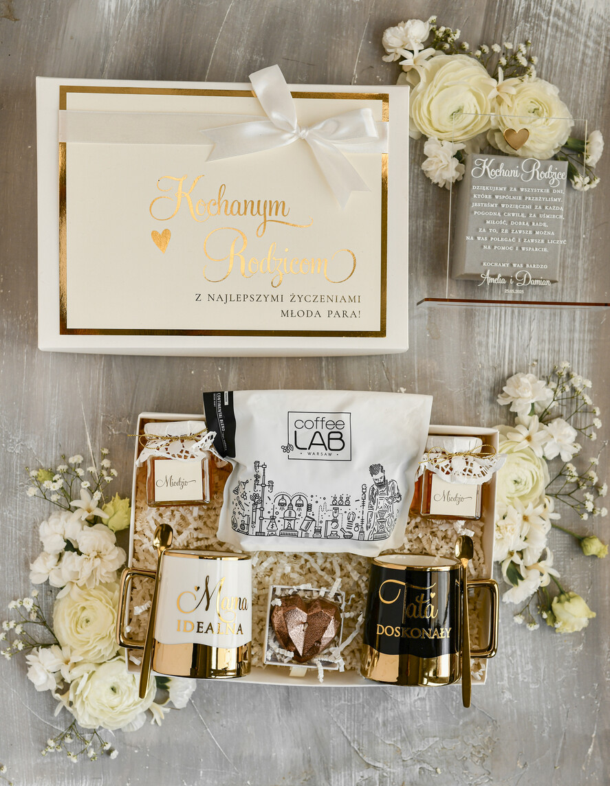 Prezenty, Podziękowania dla Rodziców zestawy prezentowe kubki filiżanki Ślubne Podziękowania dla Rodziców, zestaw prezentowy kubki dla Rodziców od Młodej Pary, Box presonalizowana statuetka podziękowania 0