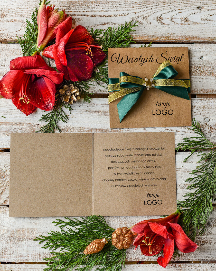 Kartki świąteczne z logo firmy Kokardki  firmowe kartki swiateczne z logo składane bożonarodzeniowe kartki z kokardką, kartki swiateczne z logo firmy, świąteczne kartki ze wstążką1