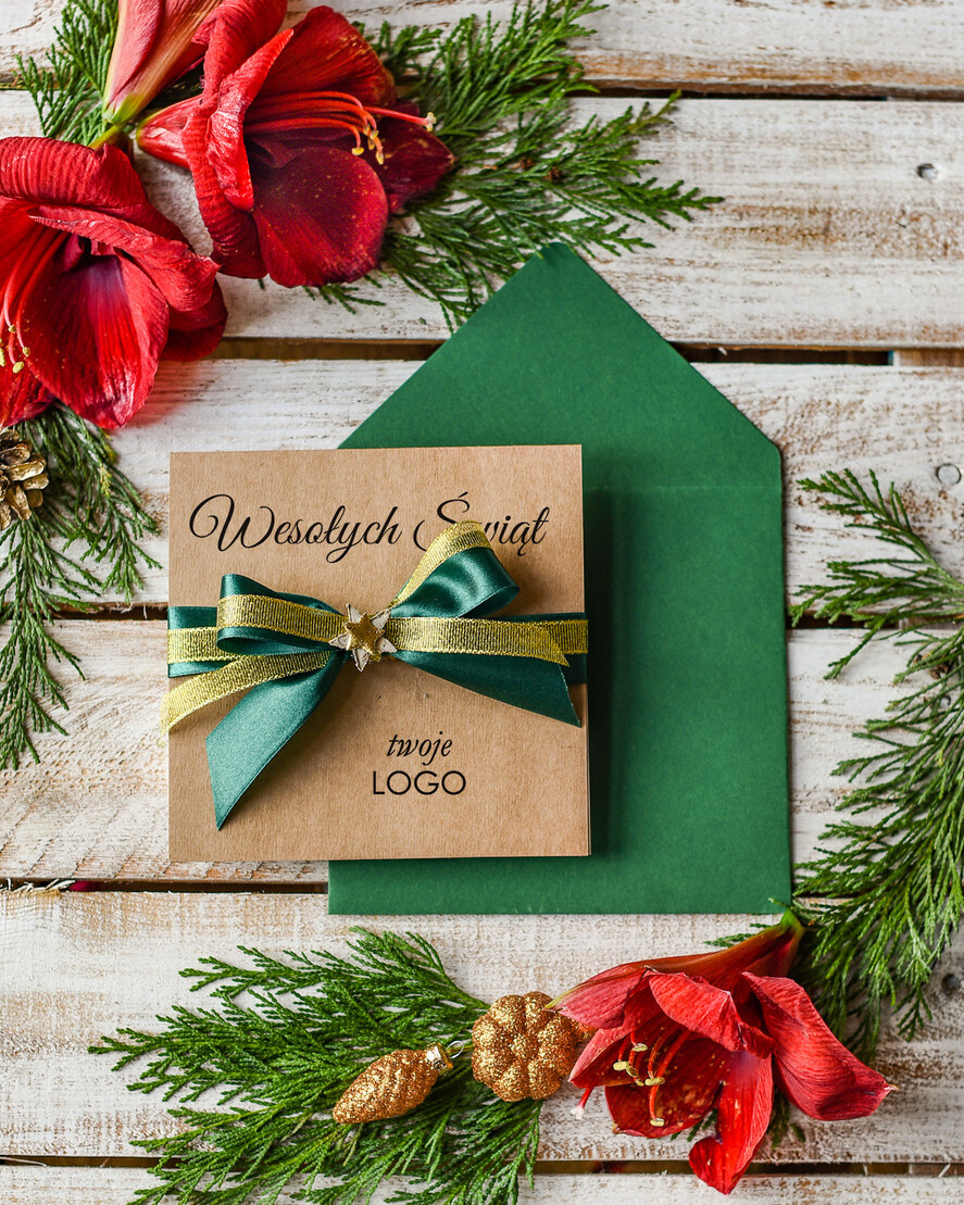 Kartki świąteczne z logo firmy Kokardki  firmowe kartki swiateczne z logo składane bożonarodzeniowe kartki z kokardką, kartki swiateczne z logo firmy, świąteczne kartki ze wstążką0