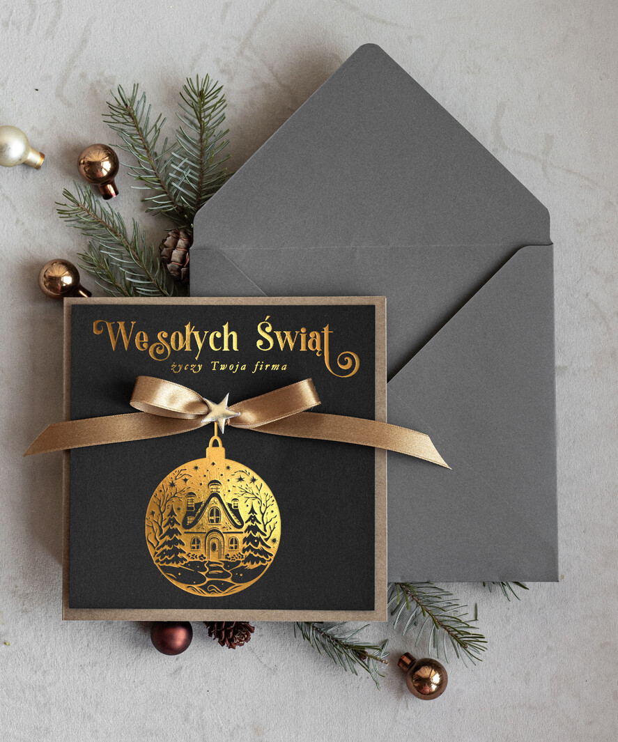 Kartki świąteczne z logo firmy Kokardki  Złocone kartki na święta z logo firmy, świąteczna kartka biznesowa z kokardką i złotymi napisami, nowoczesna firmowa kartka bożonarodzeniowa1