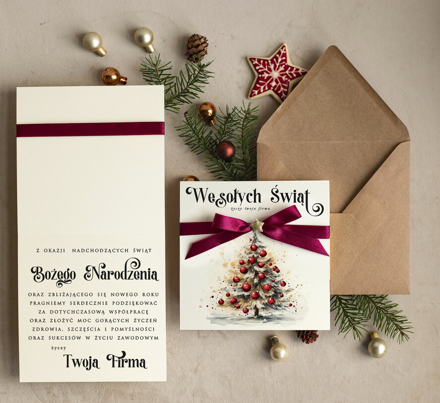 Kartki świąteczne z logo firmy Kokardki  bozonarodzeniowe kartki swiateczne z logo firmy, firmowa biznesowa kartka świąteczna z choinką, eleganckie kartki świateczne z kokardką dla firm1