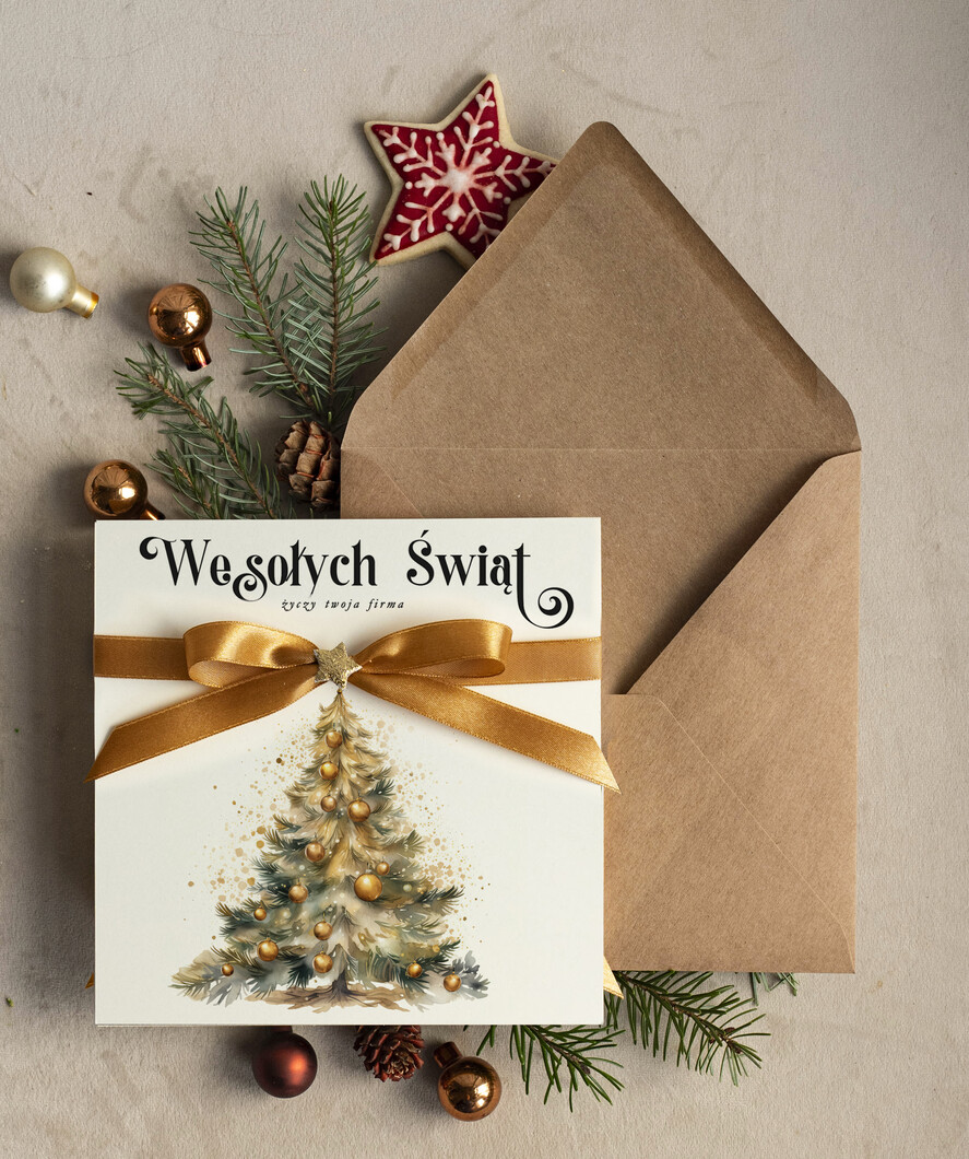 Kartki świąteczne z logo firmy Kokardki  bozonarodzeniowe kartki swiateczne z logo firmy, firmowa biznesowa kartka świąteczna z choinką, ekologiczna kartki świateczne z kokardką dla firm0