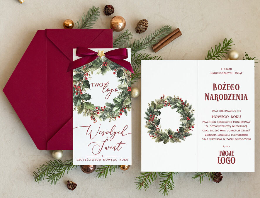 Kartki świąteczne z logo firmy Kokardki  kartka swiateczna z twoim logo, świąteczne kartki ze wstążką1