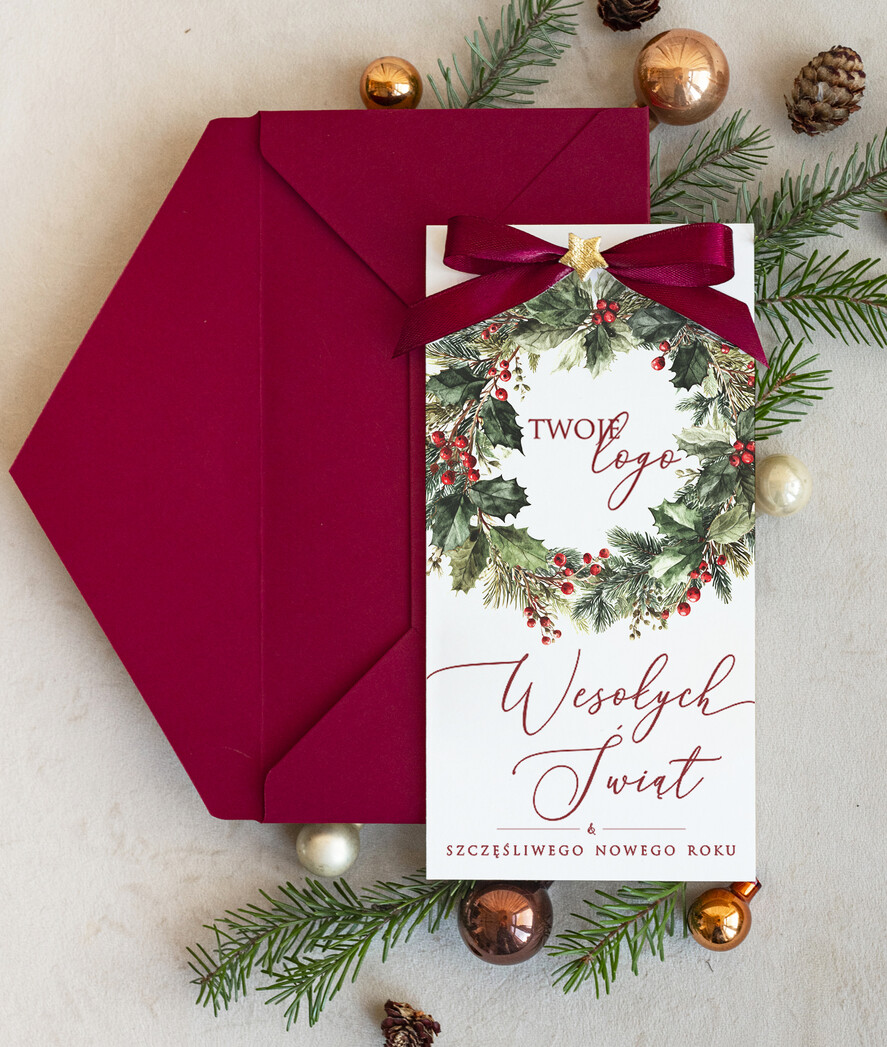 Kartki świąteczne z logo firmy Kokardki  kartka swiateczna z twoim logo, świąteczne kartki ze wstążką0