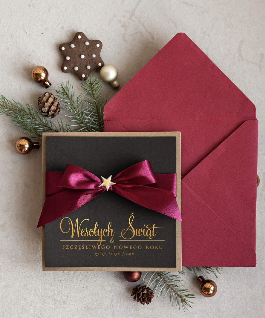 Kartki świąteczne z logo firmy Kokardki  Złocone kartki na święta z logo firmy, świąteczna kartka biznesowa z kokardką i złotymi napisami, nowoczesna firmowa kartka bożonarodzeniowa1