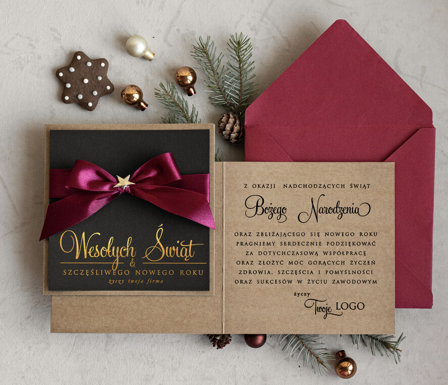 Kartki świąteczne z logo firmy Kokardki  Złocone kartki na święta z logo firmy, świąteczna kartka biznesowa z kokardką i złotymi napisami, nowoczesna firmowa kartka bożonarodzeniowa0