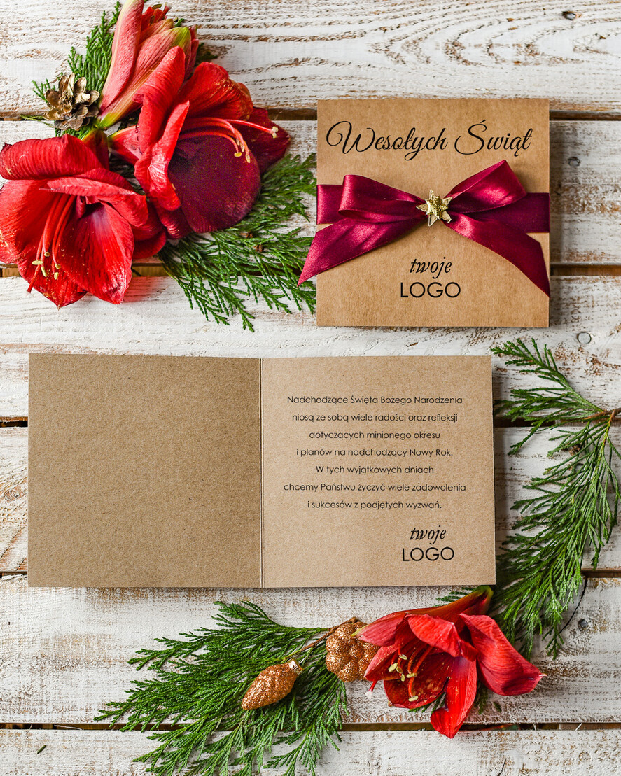 Kartki świąteczne z logo firmy Kokardki  kartki swiateczne z logo firmy, świąteczne kartki ze wstążką, firmowe kartki swiateczne, kartki świąteczne dla pracowników 1