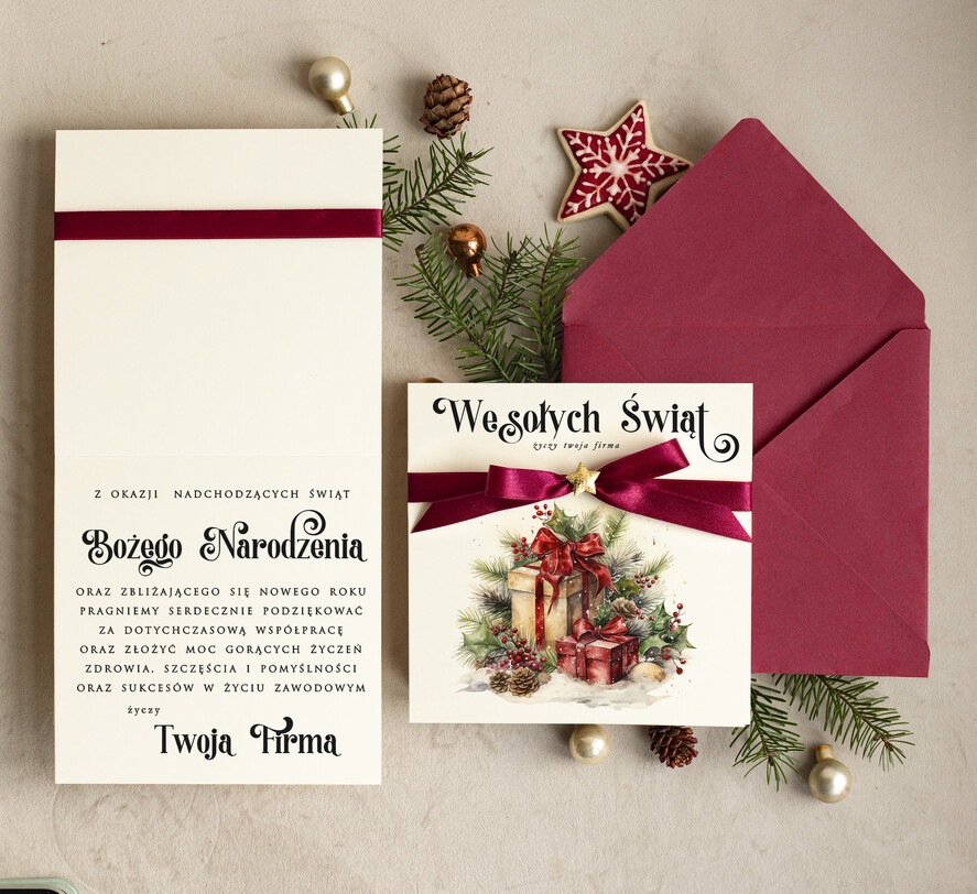 Kartki świąteczne z logo firmy Kokardki  bozonarodzeniowe kartki swiateczne z logo firmy, firmowa biznesowa kartka świąteczna, eleganckie kartki świateczne z kokardką dla firm1