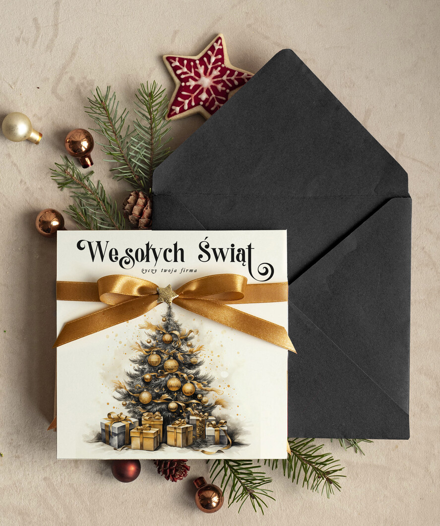 Kartki świąteczne z logo firmy Kokardki  bozonarodzeniowe kartki swiateczne z logo firmy, firmowa biznesowa kartka świąteczna, eleganckie kartki świateczne z kokardką dla firm0
