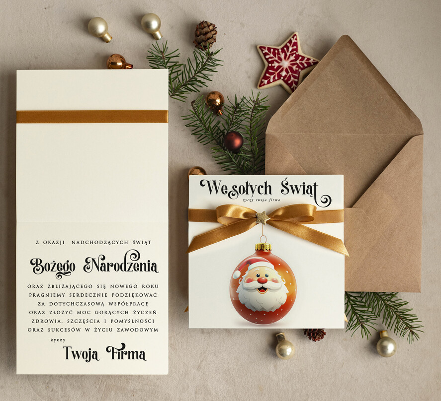 Kartki świąteczne z logo firmy Kokardki  bozonarodzeniowe kartki swiateczne z logo firmy, firmowa biznesowa kartka świąteczna, eleganckie kartki świateczne z kokardką dla firm1