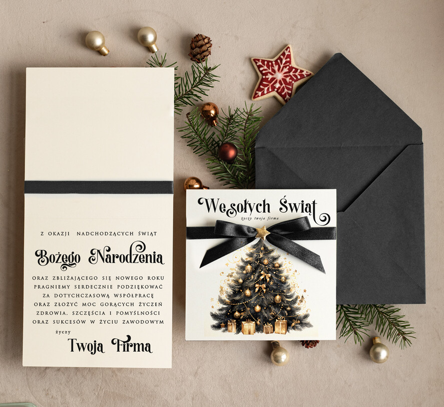 Kartki świąteczne z logo firmy Kokardki  bozonarodzeniowe kartki swiateczne z logo firmy, firmowa biznesowa kartka świąteczna, eleganckie kartki świateczne z kokardką dla firm1