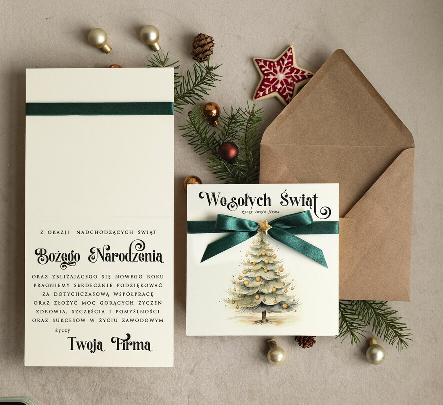 Kartki świąteczne z logo firmy Kokardki  bozonarodzeniowe kartki swiateczne z logo firmy, firmowa biznesowa kartka świąteczna, eleganckie kartki świateczne z kokardką dla firm1