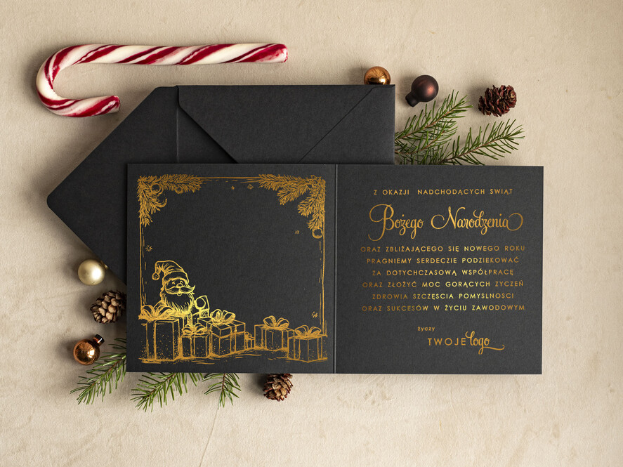 Kartki świąteczne z logo firmy Kokardki  kartka świąteczna z logo firmy, złocone kartki bozonarodzeniowe dla klientów, biznesowe kartki świąteczne, firmowe pozłacane karnety, błyszczące złote karnety swiateczne złote napisy1