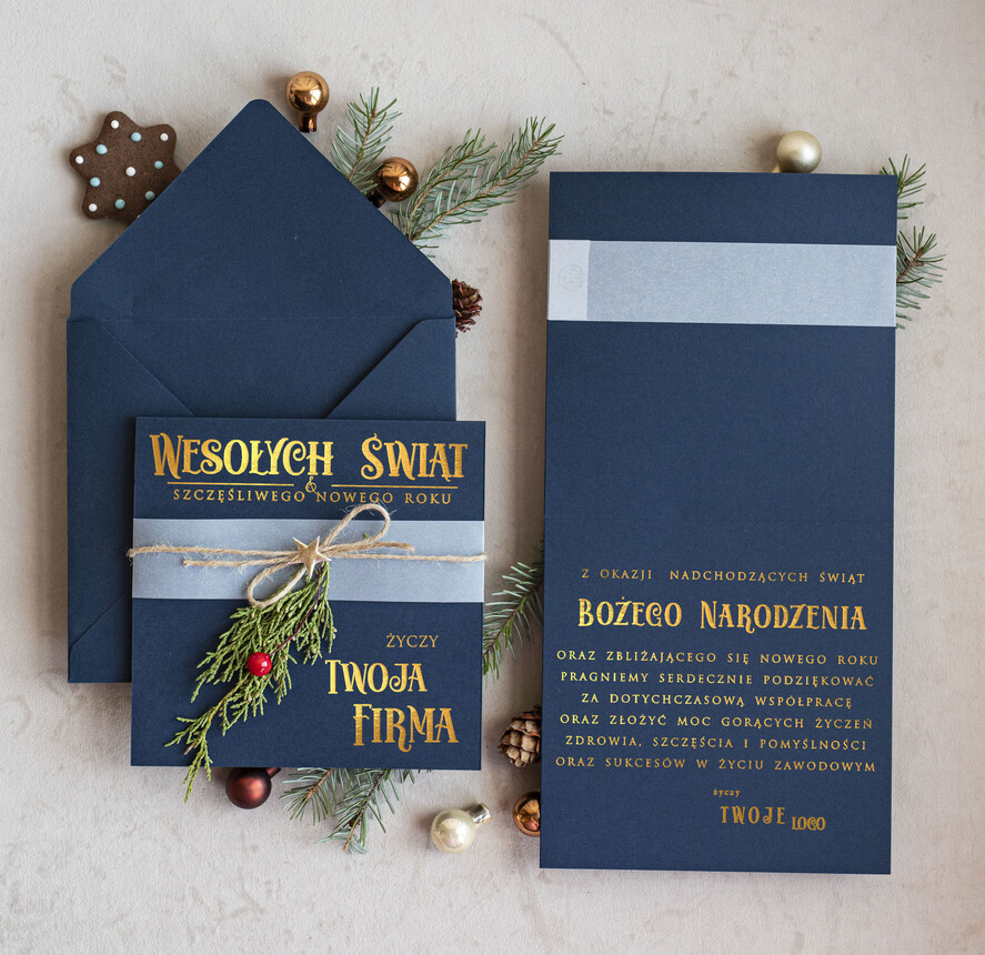 Kartki świąteczne z logo firmy Kokardki  Złocone kartki na święta z logo firmy, świąteczna kartka biznesowa z kokardką i złotą grafiką, nowoczesna firmowa kartka bożonarodzeniowa1