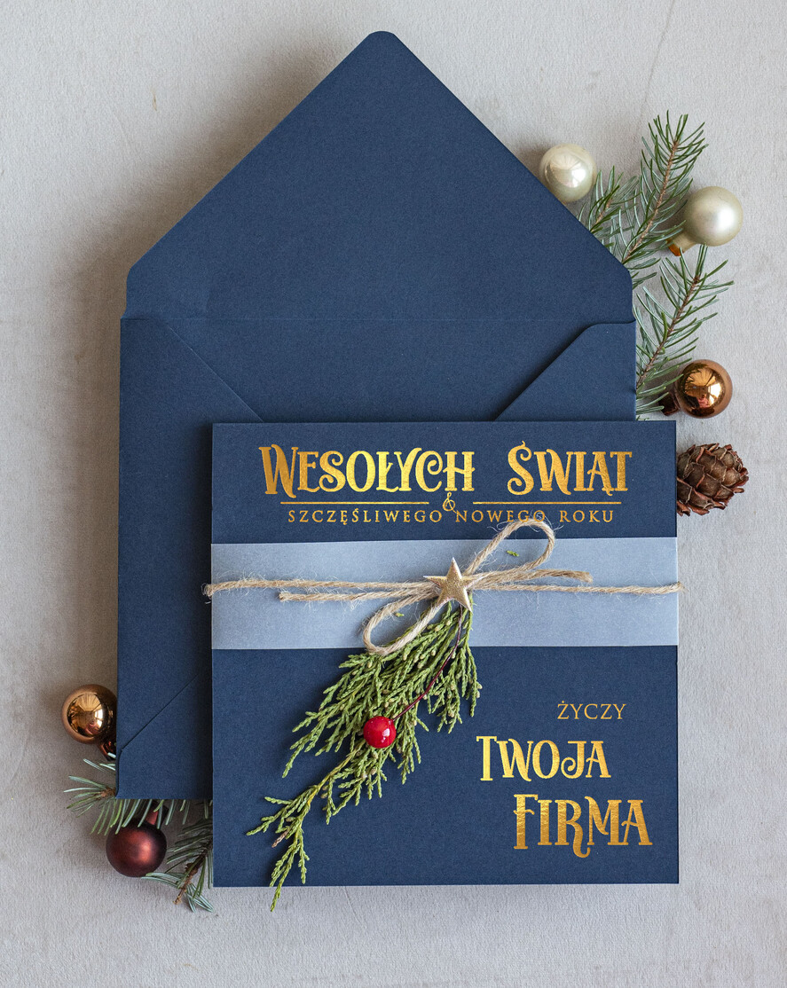 Kartki świąteczne z logo firmy Kokardki  Złocone kartki na święta z logo firmy, świąteczna kartka biznesowa z kokardką i złotą grafiką, nowoczesna firmowa kartka bożonarodzeniowa0