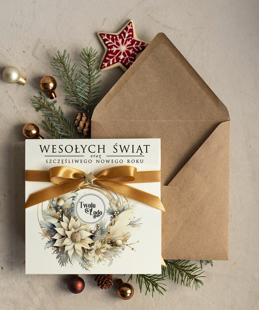 Kartki świąteczne z logo firmy Kokardki  bozonarodzeniowe kartki swiateczne z logo firmy, firmowa biznesowa kartka świąteczna, eleganckie kartki świateczne z kokardką dla firm0