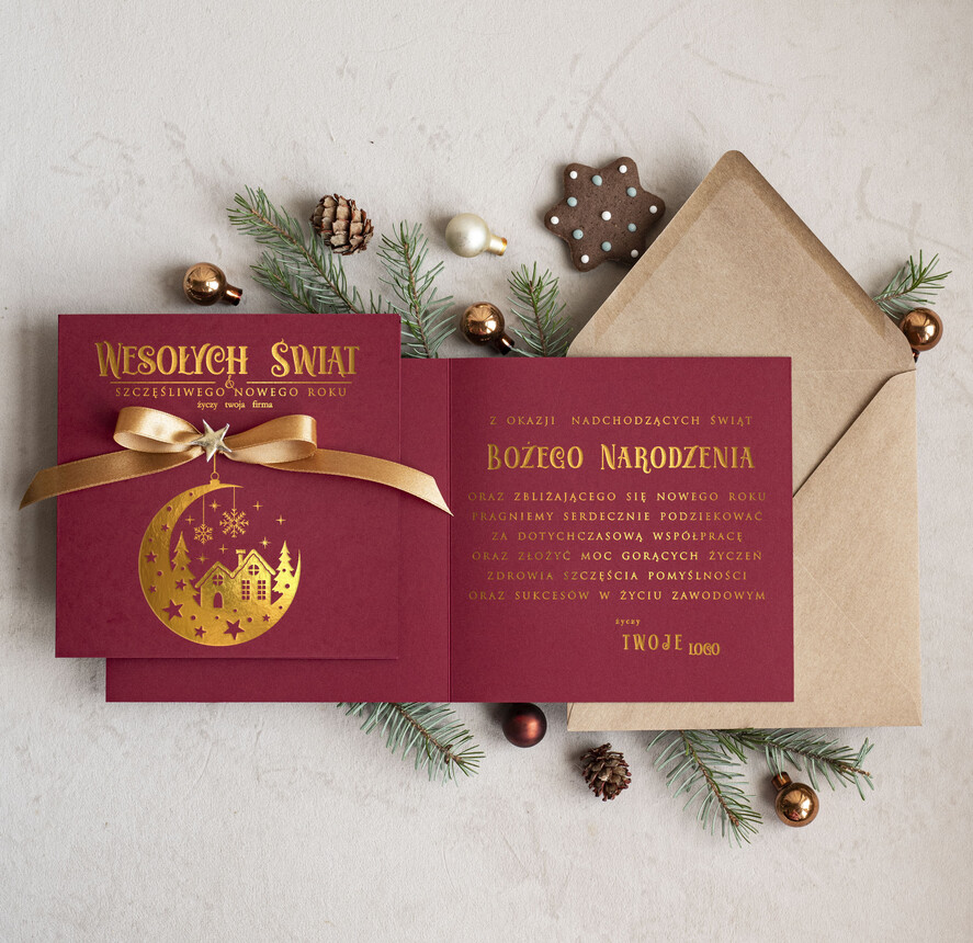 Kartki świąteczne z logo firmy Kokardki  Złocone kartki na święta z logo firmy, świąteczna kartka biznesowa z kokardką i złotymi napisami, nowoczesna firmowa kartka bożonarodzeniowa1