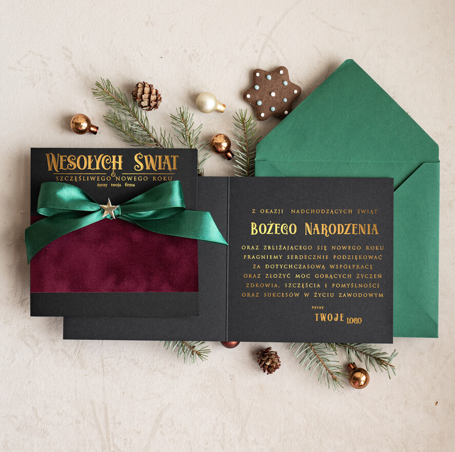 Kartki świąteczne z logo firmy Kokardki  Złocone kartki na święta z logo firmy, świąteczna kartka biznesowa z kokardką i welurem, nowoczesna firmowa kartka bożonarodzeniowa1