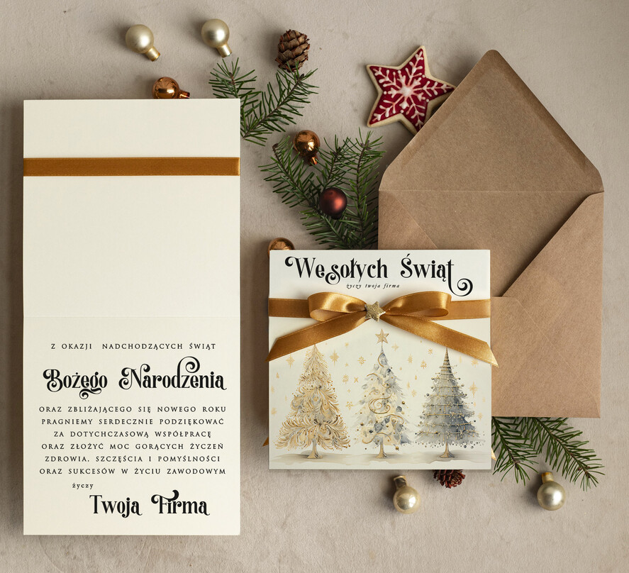 Kartki świąteczne z logo firmy Kokardki  bozonarodzeniowe kartki swiateczne z logo firmy, firmowa biznesowa kartka świąteczna, eko kartki świateczne z kokardką dla firm1