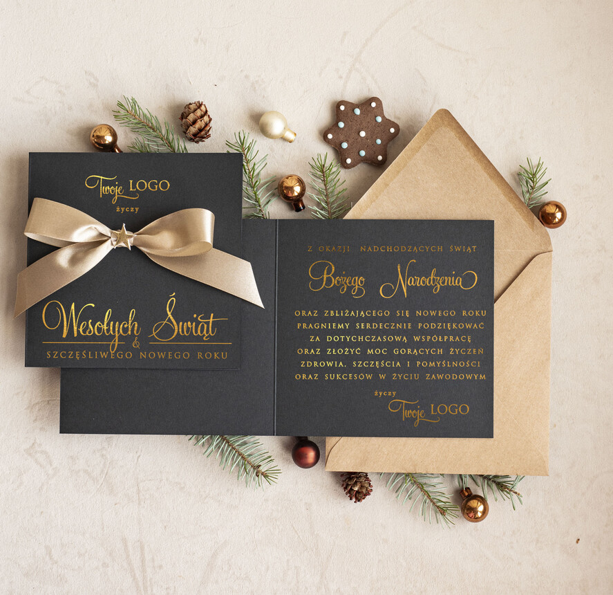 Kartki świąteczne z logo firmy Kokardki  Złocone kartki na święta z logo firmy, świąteczna kartka biznesowa z kokardką i złotymi napisami, nowoczesna firmowa kartka bożonarodzeniowa0