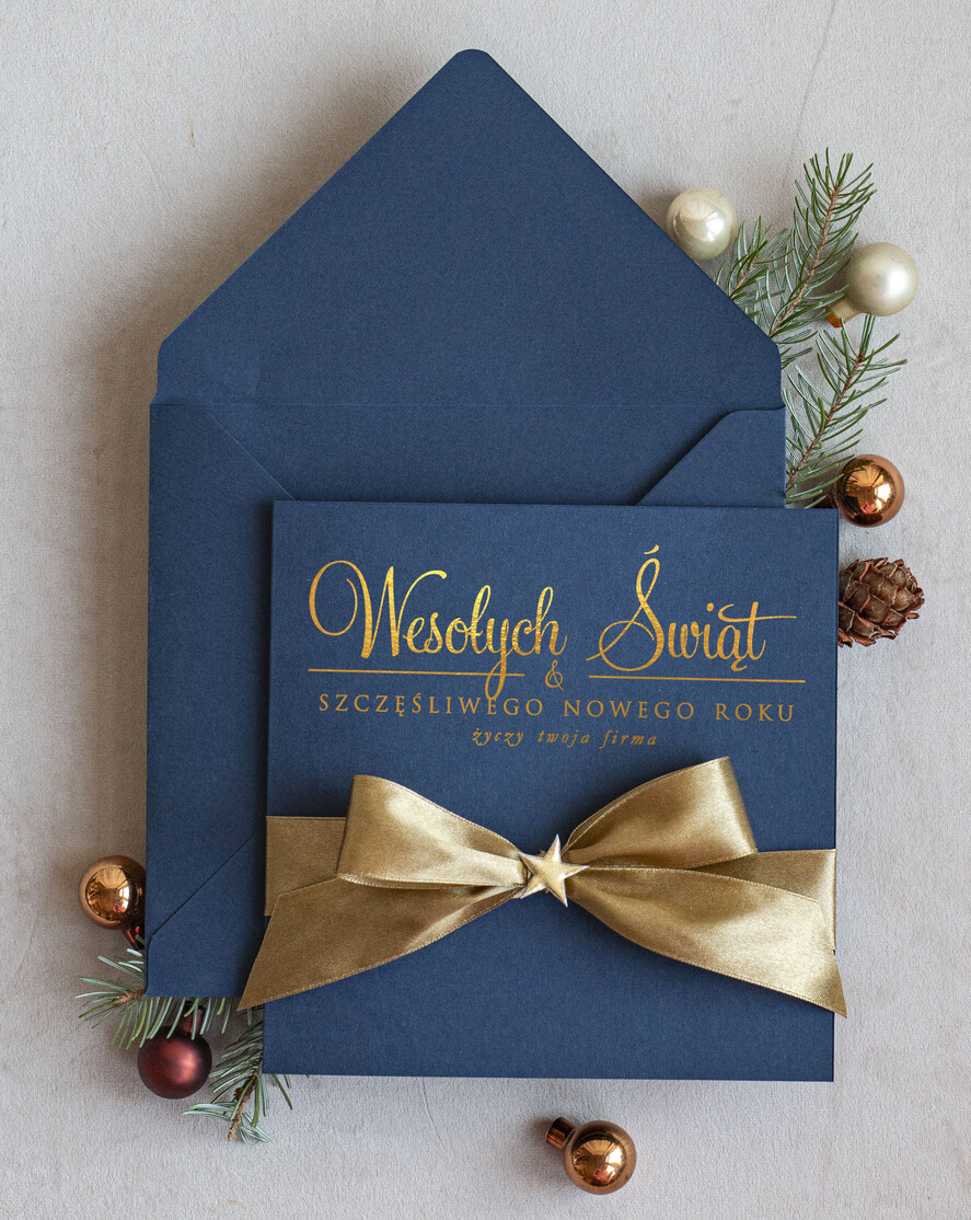 Kartki świąteczne z logo firmy Kokardki  Złocone kartki na święta z logo firmy, świąteczna kartka biznesowa z kokardką i złotymi napisami, nowoczesna firmowa kartka bożonarodzeniowa1