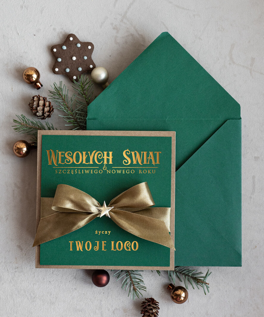Kartki świąteczne z logo firmy Kokardki  Złocone kartki na święta z logo firmy, świąteczna kartka biznesowa z kokardką i złotymi napisami, nowoczesna firmowa kartka bożonarodzeniowa1