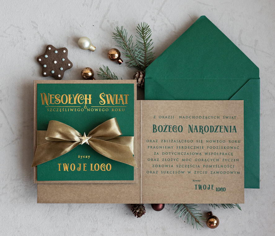 Kartki świąteczne z logo firmy Kokardki  Złocone kartki na święta z logo firmy, świąteczna kartka biznesowa z kokardką i złotymi napisami, nowoczesna firmowa kartka bożonarodzeniowa0