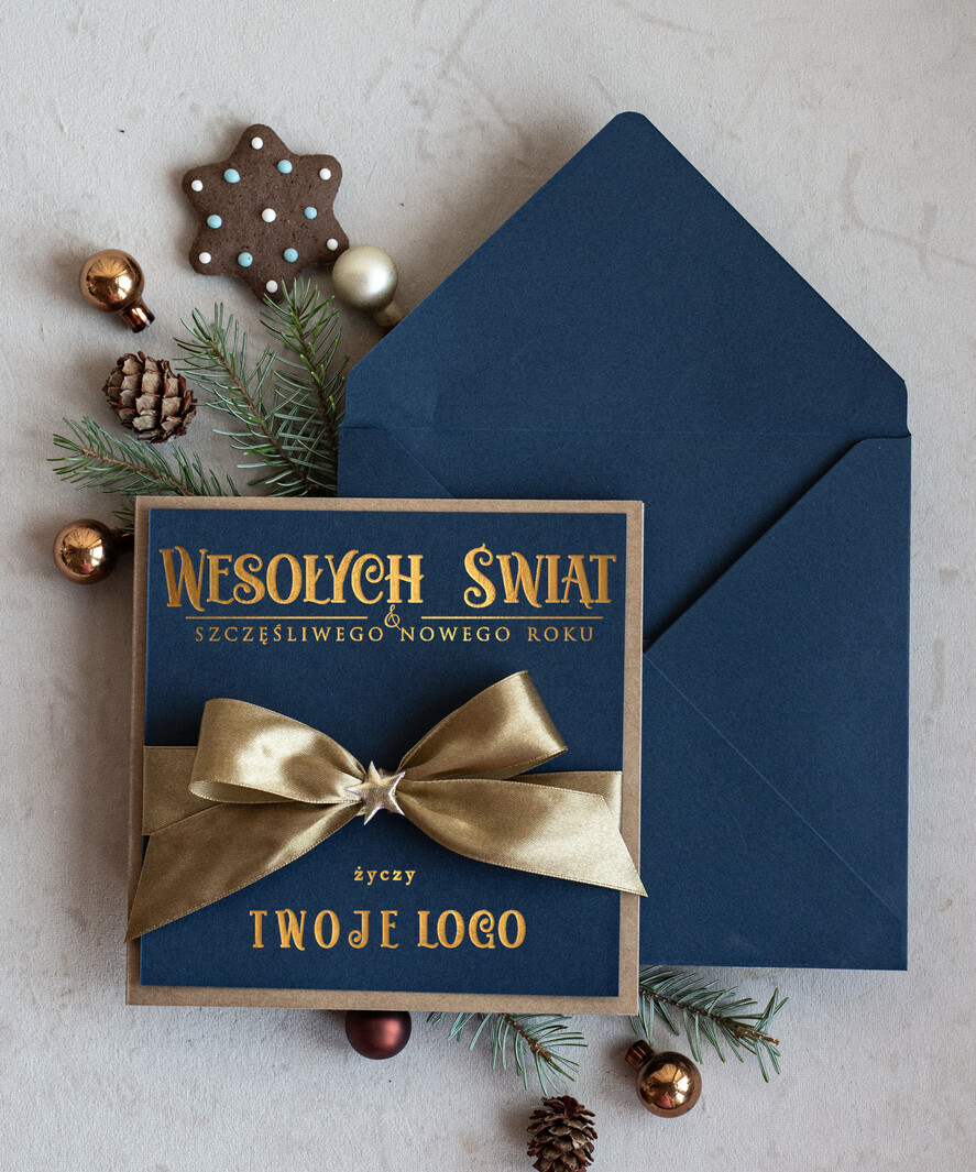 Kartki świąteczne z logo firmy Kokardki  Złocone kartki na święta z logo firmy, świąteczna kartka biznesowa z kokardką i złotymi napisami, nowoczesna firmowa kartka bożonarodzeniowa1