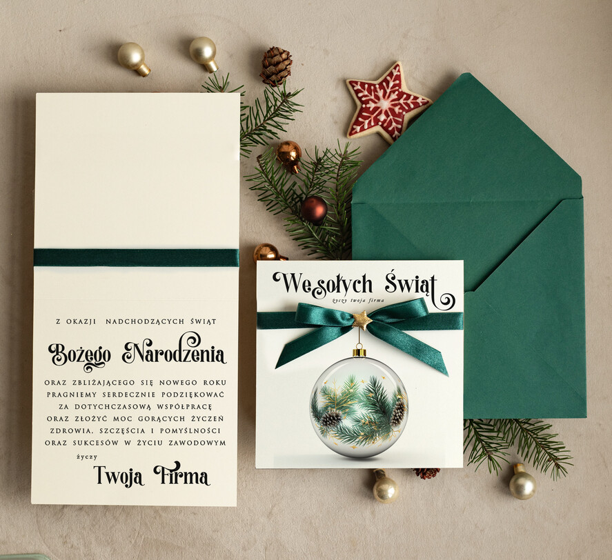 Kartki świąteczne z logo firmy Kokardki  bozonarodzeniowe kartki swiateczne z logo firmy, firmowa biznesowa kartka świąteczna, eleganckie kartki świateczne z kokardką dla firm1