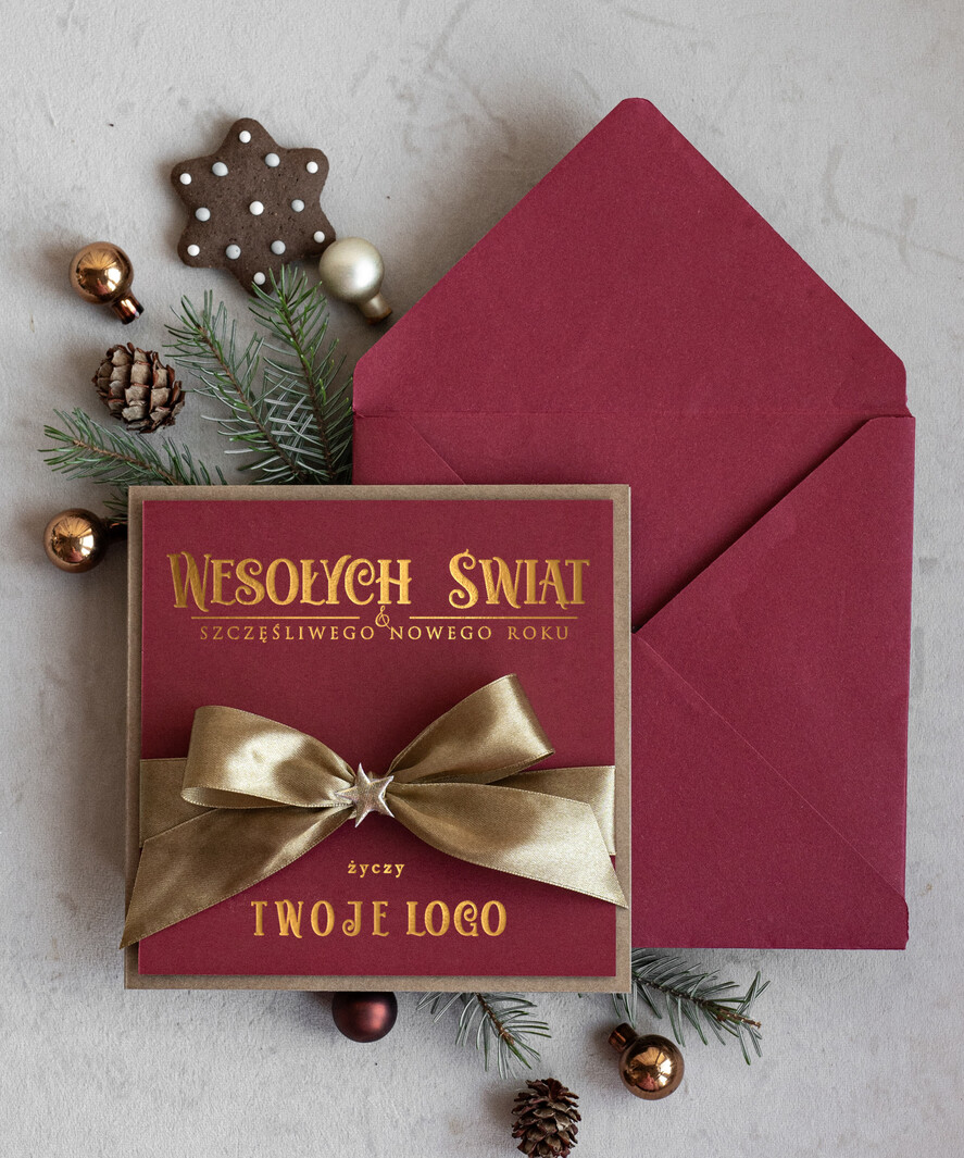 Kartki świąteczne z logo firmy Kokardki  Złocone kartki na święta z logo firmy, świąteczna kartka biznesowa z kokardką i welurem, nowoczesna firmowa kartka bożonarodzeniowa1