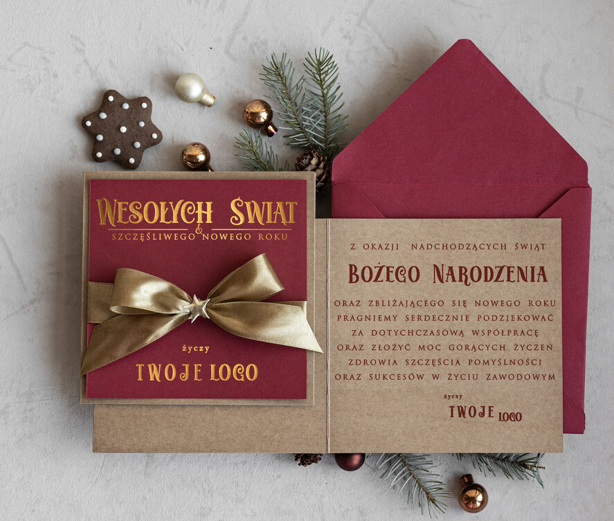 Kartki świąteczne z logo firmy Kokardki  Złocone kartki na święta z logo firmy, świąteczna kartka biznesowa z kokardką i welurem, nowoczesna firmowa kartka bożonarodzeniowa0