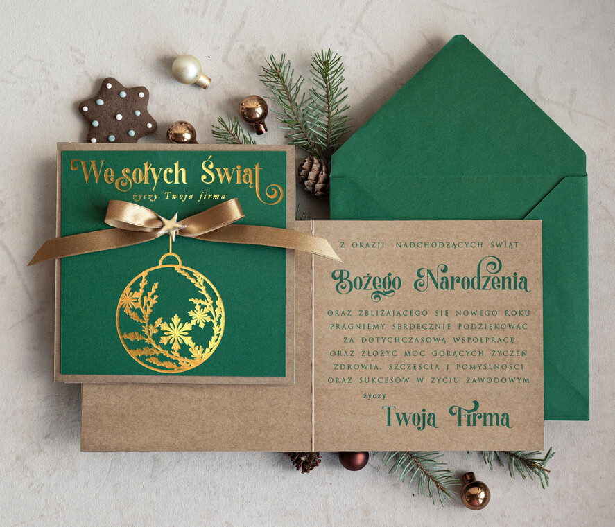 Kartki świąteczne z logo firmy Kokardki  Złocone kartki na święta z logo firmy, świąteczna kartka biznesowa z kokardką i złotymi napisami, nowoczesna firmowa kartka bożonarodzeniowa0