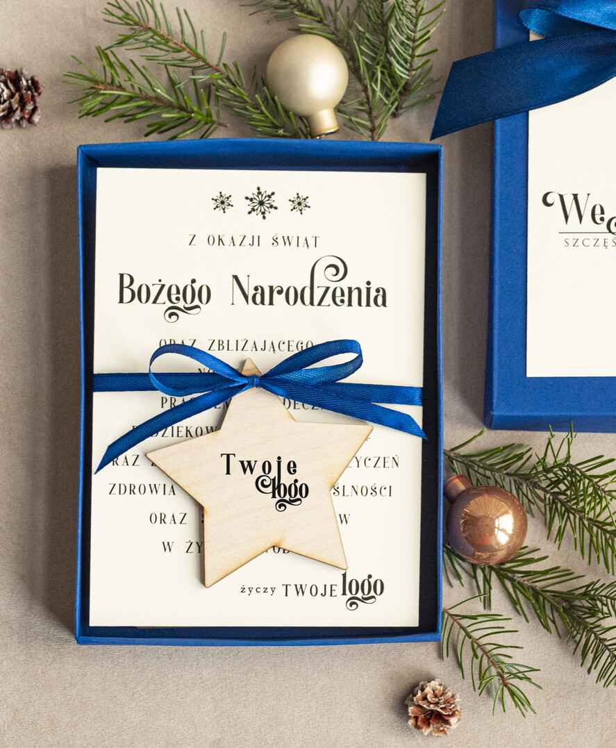 Kartki świąteczne z logo firmy kartka pudełko Biznesowe kartki świąteczne z logo w pudełku z bombką gwiazka na choinkę- drewniane zawieszki na choinkę prezent dla klientów2