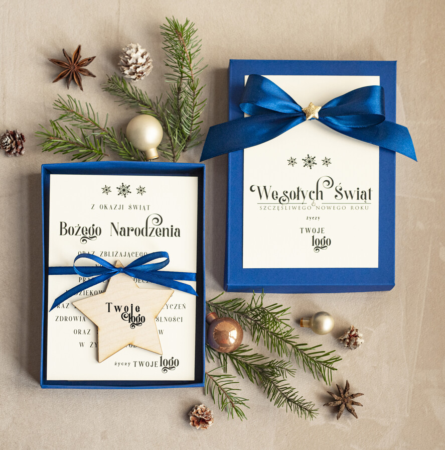 Kartki świąteczne z logo firmy kartka pudełko Biznesowe kartki świąteczne z logo w pudełku z bombką gwiazka na choinkę- drewniane zawieszki na choinkę prezent dla klientów0
