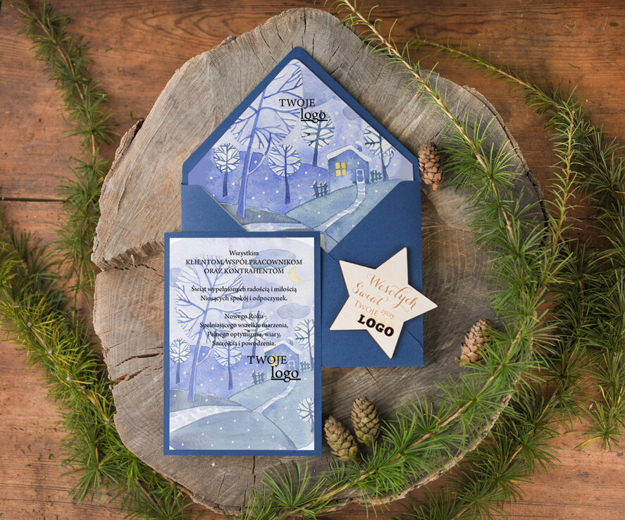 Kartki świąteczne z logo firmy z magnesem lub zawieszką na choinkę firmowe kartki świąteczne z logo firmy, bożonarodzeniowe kartki z drewnianą zawieszką i wstążką2